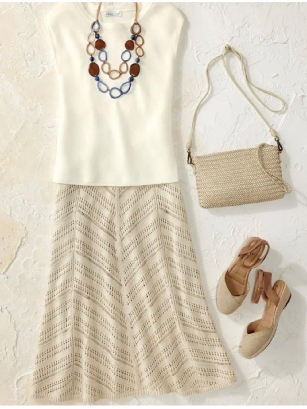 Coldwater Creek Cevron Cream Crochet Knit Skirt Sz XL Pull On Elastic Waisy Boho
